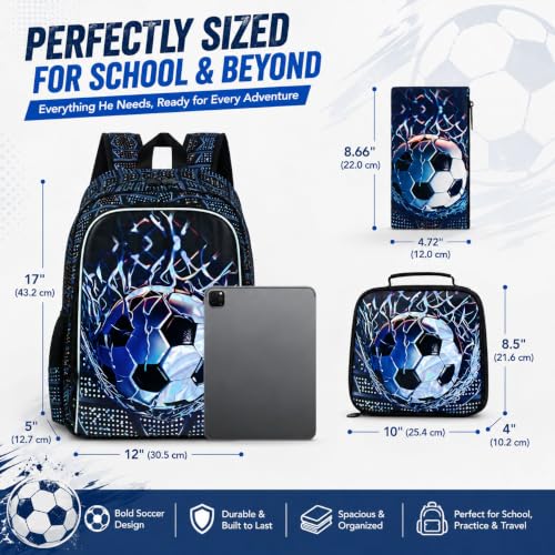 Image of HPJGD 3PCS Kids Backpack for Boys, Water Resistant Soccer Bookbag Set with Lunch Box, Cute School Bag for Preschool Toddler
