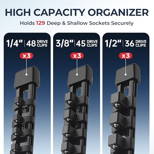 Image of Reniteco 9-Pack Socket Organizer Set, 1 /4 inch x 48 3 /8 inch x 45 1 /2 inch x 36 Clips | 129 Clip Capacity, Havy-Duty ABS Socket Rails, Removable Clips, Drive Socket Storage, Toolbox Drawer or Wall Mount