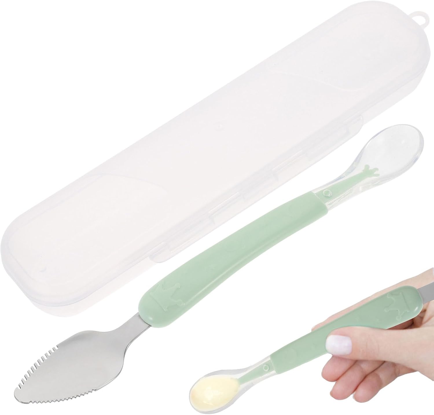 Kisangel 2 Pcs Baby Food Scraper Spoon, Double-Head Silicone Feeding Utensils for Infants, Serrated Stainless Steel Fruit Puree Scoop, Soft Training Spoon for Solids, Green