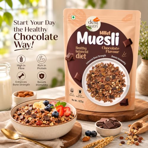 Image of Desi Nutri Millet Muesli Chocolate Flavour 625grams | Source of Protein & Fibre, Multigrain Breakfast Cereal | Cholesterol Free | Made with REAL Chocolate (Chocolate)