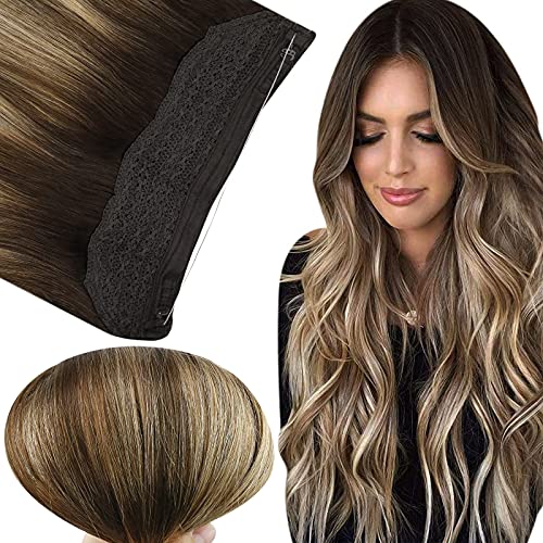 Fshine Invisible Crown Hair Pieces Headband Extensions Human Hair 80Gram 16Inch Hidden Wire Hair Extensions Fish Line Layered Balayage Brown to Blonde