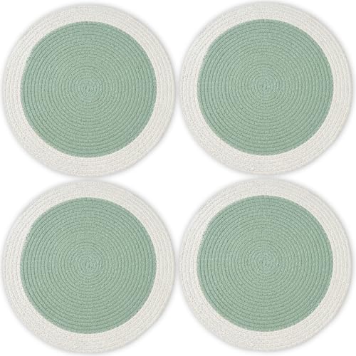 Image of Dining Table Mats Set of 4 | Cotton Table Mat 32 cm Diameter, Encasa XO Washable Round Table Mats, Heat Resistance Dining Table Placemats, Handmade Ribbed Style for Centre Table, Sage & Off White