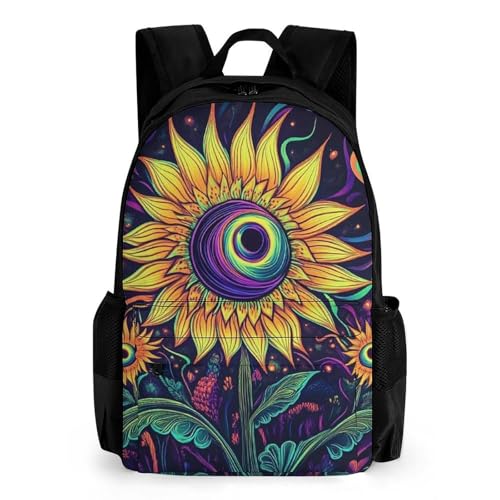 Men Women Polyester Trippy Eyes Flower Sunflower Daypack Bookbag Big Capacity Shoulder Bag With Padded Straps for Climbing Travel Walking Cycling