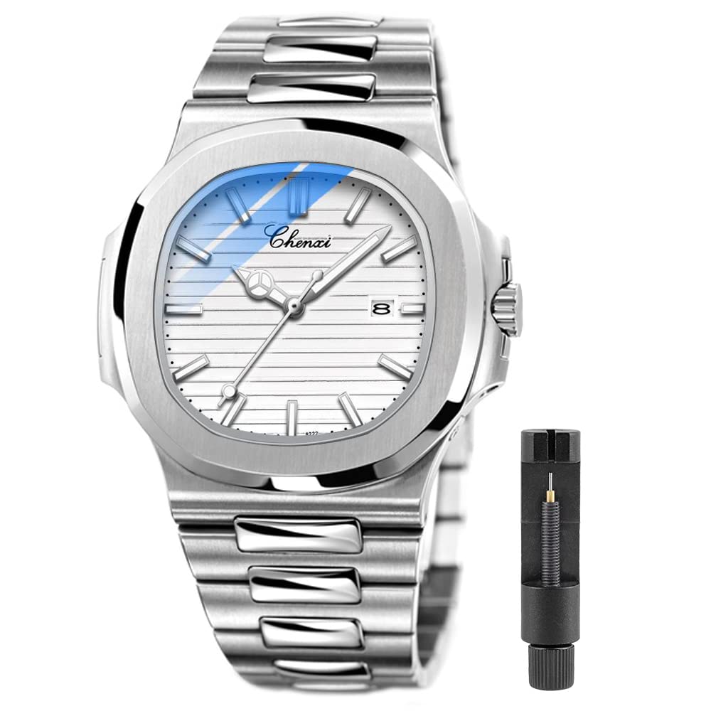 TiongGeometric Case Octagonal Design Men's Business Watch, Men's Waterproof Luminous Quartz Watch, Stainless Steel Date Quartz Watches for Men