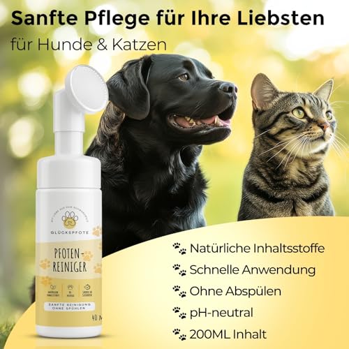 GLÜCKSPFOTE® Pfotenreiniger für Hund & Katze [200ml] | Reinigt & Pflegt natürlich - Pfotenschaum ohne Wasser | Hundepfoten Reiniger Pfotenpflege für Hunde ideal zur Pfotenreinigung für Hunde