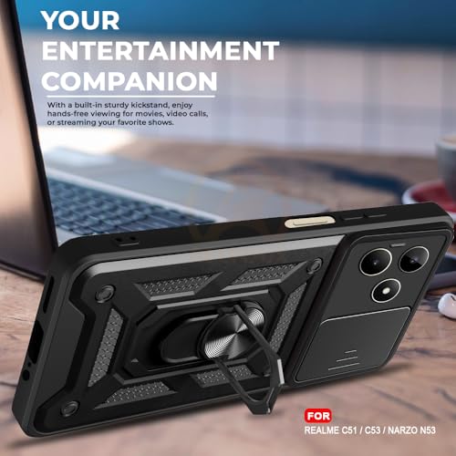Image of Armor Bumper Back Cover Case for Realme N53 / C51 / C53 Rotating Camera Cover, Ring Holder & Kickstand | Heavy Duty & 360 Degree Protection Realme N53 / C51 / C53 Back Cover (Black)