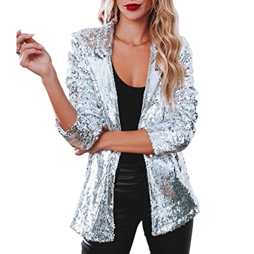 Women's Shiny Sequin Open Front Blazer Coat Lapel Long Sleeve Cardigan Jacket