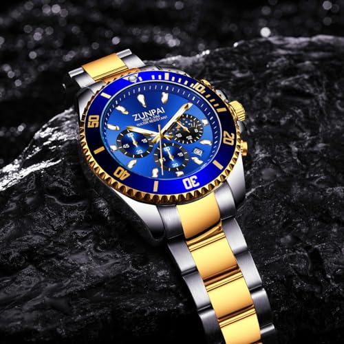 Image of ZUIPAI Moon Phase Watch for Men Chronograph Dial Analog Quartz Wristwatch Luxury Diamond Business Dress Watch with Luminous Waterproof Calendar Stainless Steel Strap