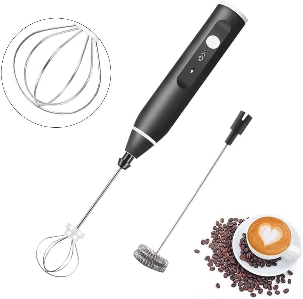 Milk Frother Handheld, Immersion Blender Cordlesss Foam Maker USB Rechargeable Small Mixer with 2 Stainless Whisks，Wisker for Stirring 3-Speed Adjustable Mini Frother for Cappuccino Latte Coffee Egg