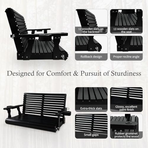 Image of Fortune Candy Wooden Porch Swing 2-Seater, Iron Black, 4 FT Extra Large