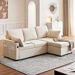 CLIPOP Boucle Corner Sofa 3 Seater L Shaped Sofa Bed with Storage Chaise Pull Out Sleeper Couch with USB Ports and Armrest Storage for Living Room (cream boucle, L shaped sofa)