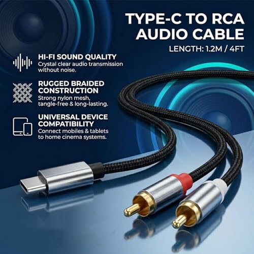 Piaeny Câble 2 RCA USB C Audio Stéréo 1.2M, Adaptateur Type C Mâle vers 2 RCA Mâle Y Auxiliaire Numérique Compatible avec Téléphone, Amplificateur, Enceinte, HDTV, Home Cinéma, Vidéo Projecteur – vue 3