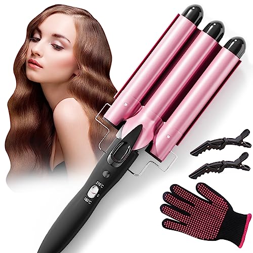 Bizcasa 22mm Rizador de Pelo,Rizador de 3 Tubos Rizador Rápido, Iron Wave Curler Ajustable 180℃/210℃ para Rizar y Ondas un Efecto Ondulado, Turmalina y Cerámica,con 2 clips y un guante (rosa)