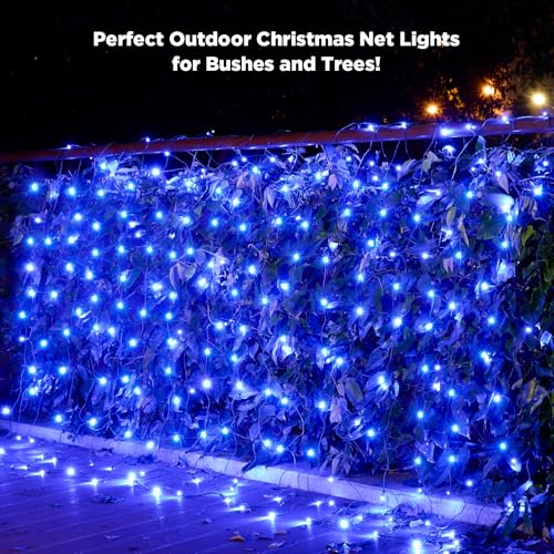 Image of Led Net Lights Christmas Lights Outdoor 200Leds 9ft x 6ft Upgraded Blue Christmas Net Lighting, Waterproof 5mm LED Wide Angle Outdoor Indoor Mesh Net Light for Trees, Bushes, Shrubs Decorations