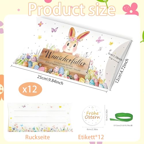 12 Stück Wunscherfüller Geldgeschenk Ostern Verpackung,Geld Verpacken Hase Kissenschachteln,Gutschein Verpackung Ostern,Geschenkbox Befüllen Ostergeschenke Gutschein und Süßigkeiten Schachtel