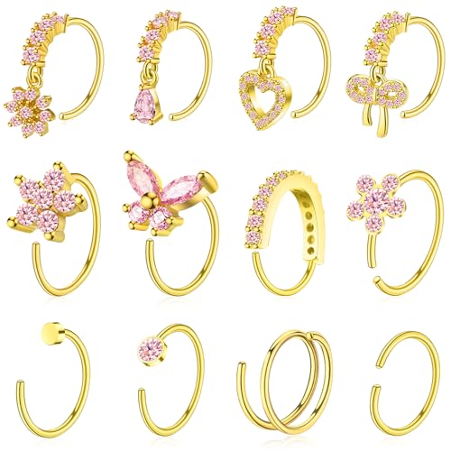 Hoop Nose Rings for Women Nose Piercings 20G Stainless Steel Nose Rings Hoops Heart Butterfly Flower Bow Teardrop Double Nose Hoops Gold Silver Pink Clear CZ Nose Piercing Jewelry