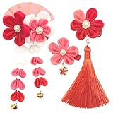 [JZOON] 七五三 髪飾り つまみ細工 3点セット 桜デザイン 可愛い 和玉 【4色展開】赤 青 紫 緑 鈴付き 成人式 浴衣 袴 着物 振袖用 和装 手作り 専用ケース付き 卒業式 結婚式用 赤 H5808