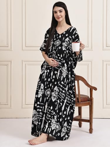 Image of Secret Wish Rayon Maternity Kaftan Nighty /Free Size /Feeding /Nursing /Zipper /Drawstring /Full Length
