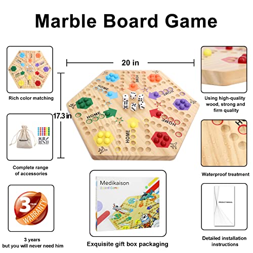 Medikaison Large Size Original Marble Game Solid Wood 20 Inch(Large)Wahoo Board Game Double Sided Painted Wooden Fast Track Board Game For 6 And 4 Players 6 Colors 24 Marbles 6 Dice For Family Friend #TOP2