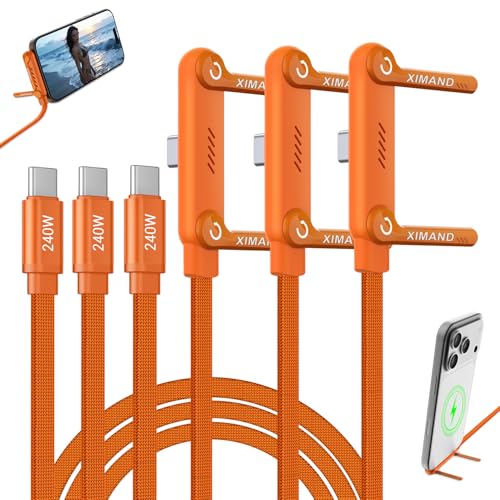 Image of Invisible Holder Charger Cable, 240W Fast Charging Cord, USB-C to USB-C Cable 1.5 M /4.9 FT with 360 Adjustable Metal Stand, 2 in 1 Holder Charger for Gaming, Office, Home, 3 PACK, Orange
