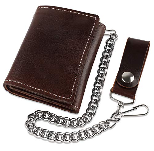 Image of RFID Blocking Men's Tri-fold Vintage Biker Cowhide Leather Steel Chain Wallet,Snap closure, Made In USA,cp315,brown
