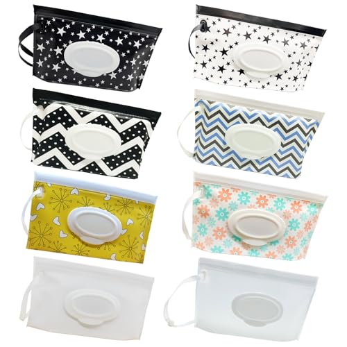 8 Pack Portable Wet Wipe Pouch Dispenser, Reusable Refillable Travel Wipes Holder & Case