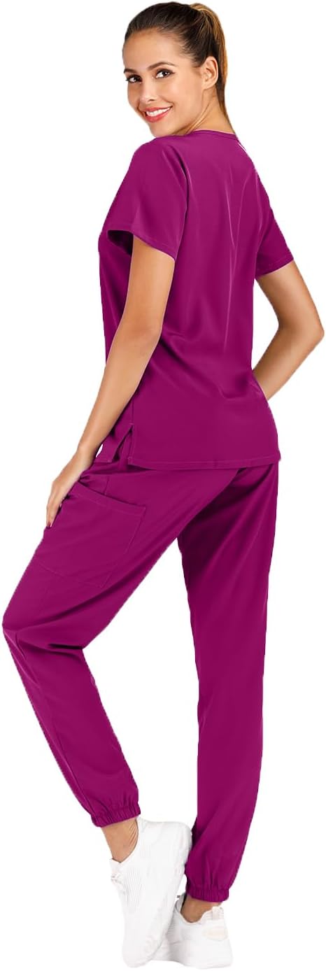 Minty Mint Women's Easy Wear Fit Lightweight Durable Soft Medical Scrubs - Solid Stretchy Top and Jogger Sets Work Dentist Medical Profession Doctor Nurse Veterinarian Magenta XL