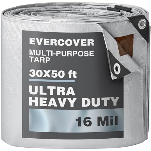 EVERCOVER 30x50 ft Tarps | All-Weather Tarp Waterproof UV-Resistant | 16 MIL=240 GSM Heavy-Duty Silver-Color Tarpaulin w/Reinforced Edges Corners Rustproof Grommets | Large Tarp | Lona Impermeable