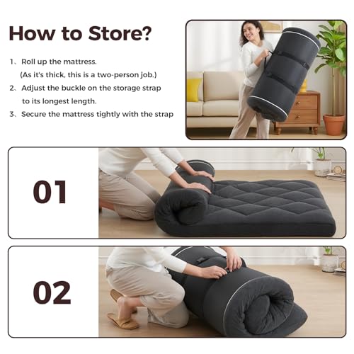 Jamdok 4\" Twin Size Pillow Top Floor Futon Mattress,Memory Foam and Egg Crate Foam, Roll Up Japanese Tatami Pad for Sleeping,Quilted Guest Bed with Removable Cover, 75×38×4 Inches - Thumbnail 7