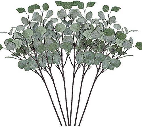 Cyanbamboo 6pcs Artificial Leaves, Long Branches Plants Fake Dollar Eucalyptus Leaf Spray for Home Party Wedding Office Shop Decor 25 Inch