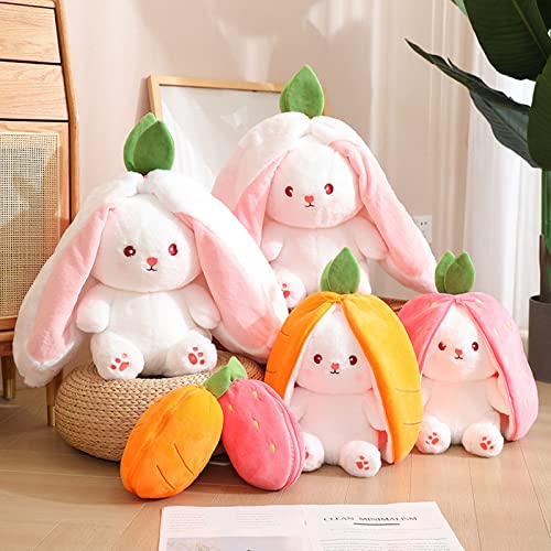 shineFinder Hasen Verstecken,Gefülltes Kaninchen mit Karotten und Erdbeeren, Plüschtier Hase, Hasenpuppe, Hasenplüsch, Weiches Plüsch-Kaninchen-Spielzeug(Erdbeere, 18cm)