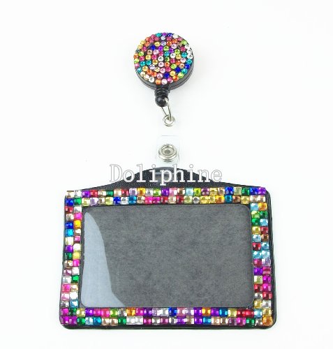 Bling Multi-Colors Crystal Rhinestone Retractable Reel with Horizontal ID Badge Holder (19 Colors for Choice) (Rainbow)