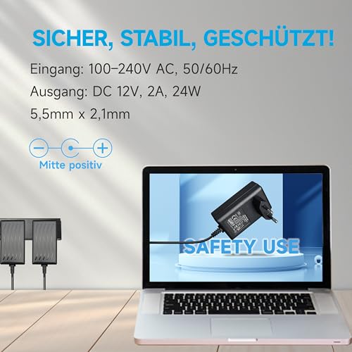 12V 2A/2000mA Netzteiladapter, AC 100-240V 50/60Hz auf DC 12V 2A/2000mA 24W, 5,5 x 2,1mm Wandladegerät, Mitte positiv, 1,8m langes 20-AWG-Kabel für stabilen und flexiblen Einsatz