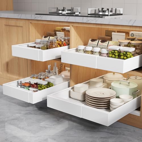 Seinloes 4 Pack Pull Out Cabinet Organizers 21" Deep With Raising Pad for Framed Cabinets, Expandable Width (9"-14") Slide Out Drawers Upgrade 3 Slide Rails, Roll Out Shelves Adhesive, White