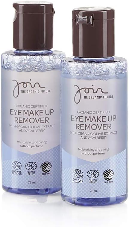 Join Organic Certified Eye Make Up Remover with Olive Extract & Acai Berry - Nourishes the eyelashes - Vegan Ecolabel- Pack of 2 x 75 ml.