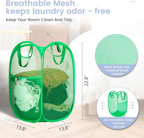Image of HOUSE AGAIN 2 Pack Strong Mesh Pop Up Laundry Hamper, 70L Collapsible Laundry Basket with Steel Frame, Double‑Stitched Handles & Side Pocket, Foldable Dirty Clothes Hamper for Dorm, Bedroom, Green