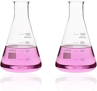 Labvida 2pcs of Narrow Mouth Glass Erlenmeyer Flasks, Vol.1000ml, 3.3 Borocilicate with Printed Graduation, LVC005