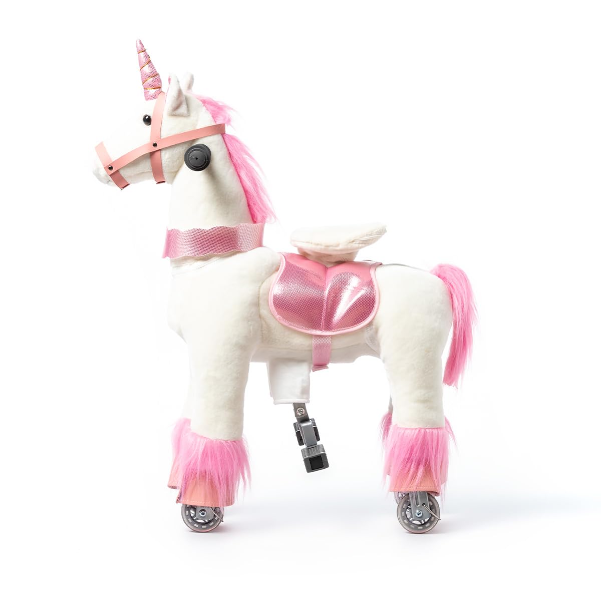 Caballo mecánico Infantil de Peluche Unicornio Rosa Talla S con Pedales Ruedas PU Asiento ergonómico y Asas de Madera Ponyride Iris ATAA Toys
