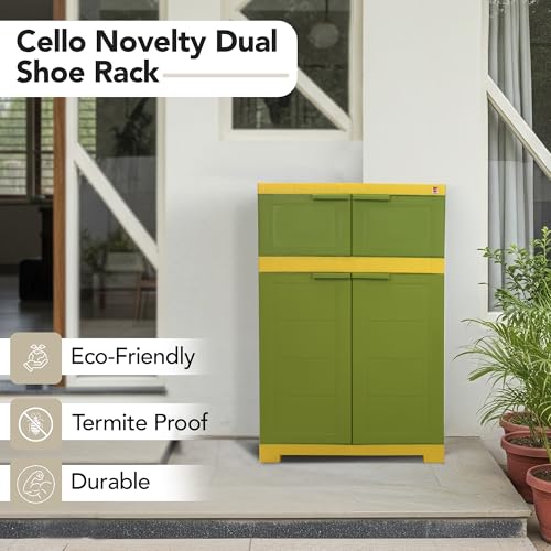 Image of Cello Novelty Dual Plastic Shoe Rack with Dustproof Doors| 3 Year Warranty | Chappal /Slipper /Footwear Stand for Home, Living Room, Office, Outdoor| Green & Yellow Colour