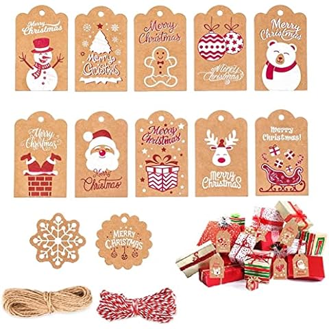 120 Pieces Christmas Kraft Paper Gift Tags with 20m Twine String,12 Designs Xmas Kraft Gift Tags for Gift Wrapping,DIY Xmas Gifts (Christmas) Cover