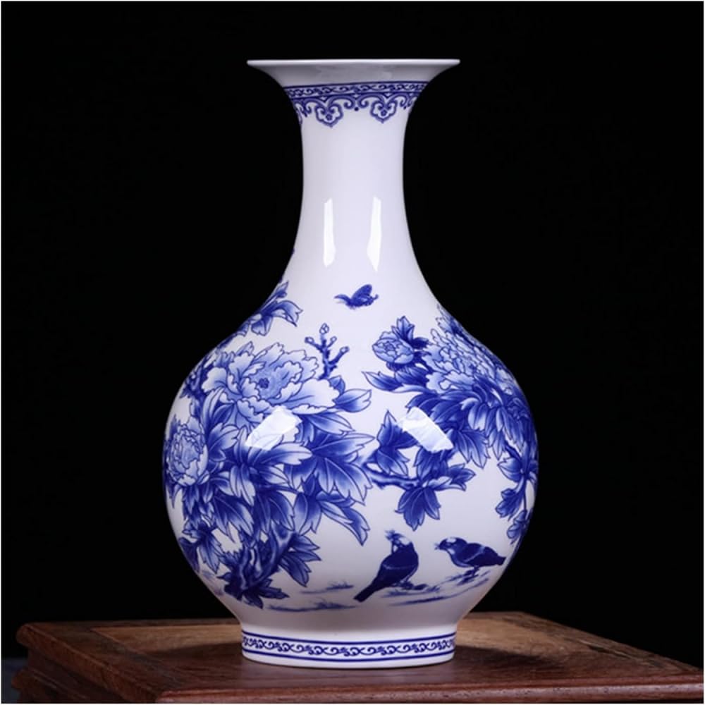 asdchZen Vase Blue And White Porcelain Vases Ceramic Jingdezhen Blue And White Porcelain Vases Fine Bone China Vase Peony Decorated Ceramic Vase Vase Decorative Vase,One Color-C:High 24 cm