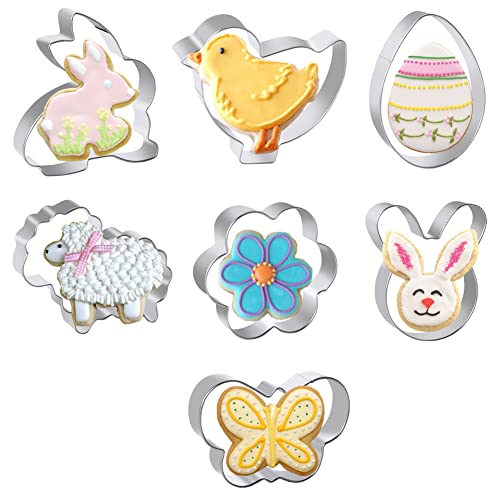Cortadores de Galletas de Pascua, 7 Piezas Cortadores de Galletas Semana Santa Acero Inoxidable Moldes de Galletas Huevo de Pascua, Conejito, Cabeza de Conejo, Mariposa, Pollito, Flor y Oveja Cover