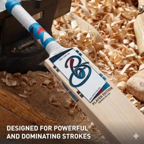 Image of Full Size English Willow Cricket Bat, Cross Weave Tape on The Face | Lightweight | Wooden Long Handle | Free Cover Play for Leather Ball (Player Edition)
