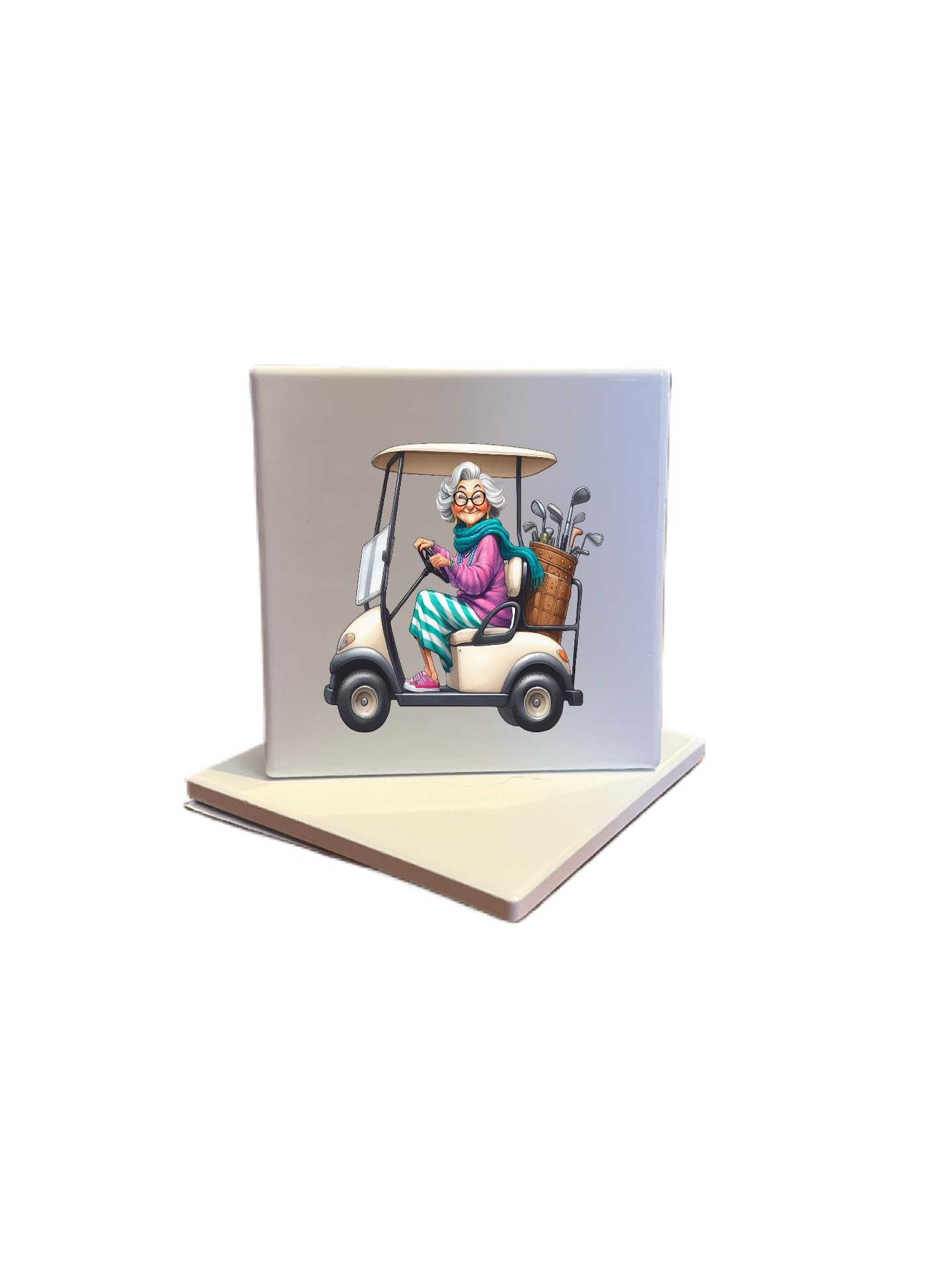 Crazy Golf Lady Ceramic Coaster 10cm, personalised, golf lover (Golfer 3)