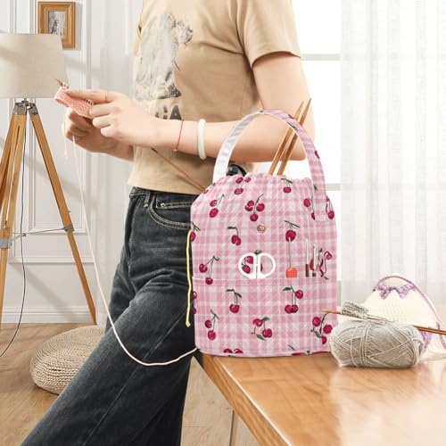 Image of Tatenale Crochet Bag Yarn Bag Knitting Project Bag with Pockets and Handle Portable Yarn Storage Organizer Tangle Free 8.3x11 InchPink Cute Checkered Cherry13