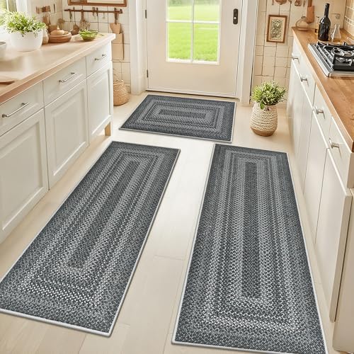 HEBE Washable Kitchen Rugs Sets of 3, Non Slip Absorbent Kitchen Rugs and Mats, Farmhouse Stain Resistant Faux Jute Kitchen Mat Carpet Runner for Kitchen Floor, Laundry Room, Hallway, Light Grey