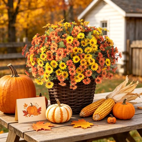 Image of Artificial Fall Flowers Fake Mums Plants for Outdoors Decoration