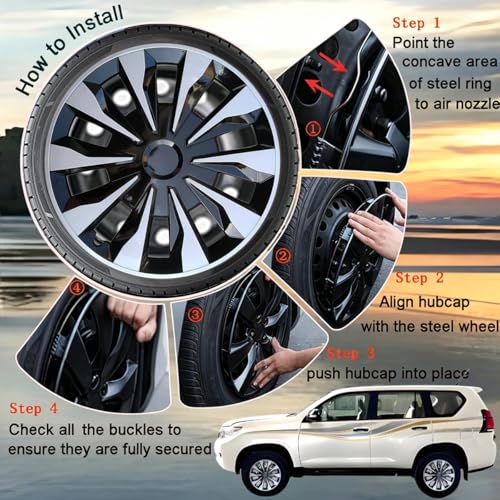 Image of Hubcap Wheel Cover Replacement R16 Hub Caps Universal-Fit Steel Wheel Rim Cover ABS Material Exterior Accessories for Car Truck SUV -Set of 4(16-inch,Silver-Black)