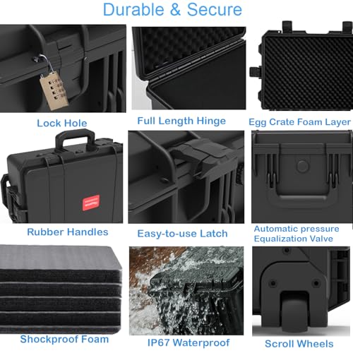 Regetek Waterproof Hard Case, 23x 17x 11.5 Inch, Rolling Equipment Case with Wheels/Foam/Retractable Handle,for cameras Camcorder,Drone, electronic tool, Shockproof, Inner 19.6" x 13.5" x 9.2"