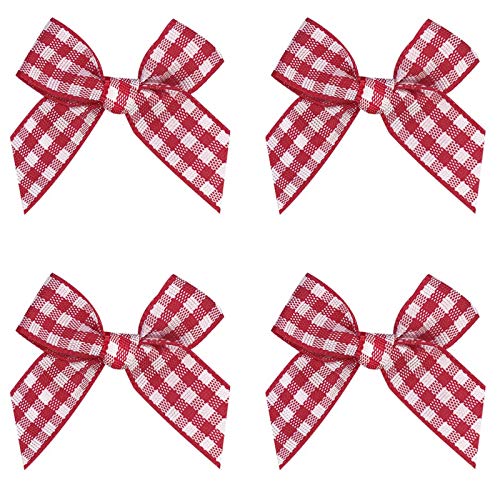 VIVIQUEN Gingham Craft Ribbon Bows Mini Checkered Ribbon Flowers Appliques for Sewing, Gift, DIY Craft, Wedding Decoration Ornament (RED AND WHITE, Small Size 48PCS)
